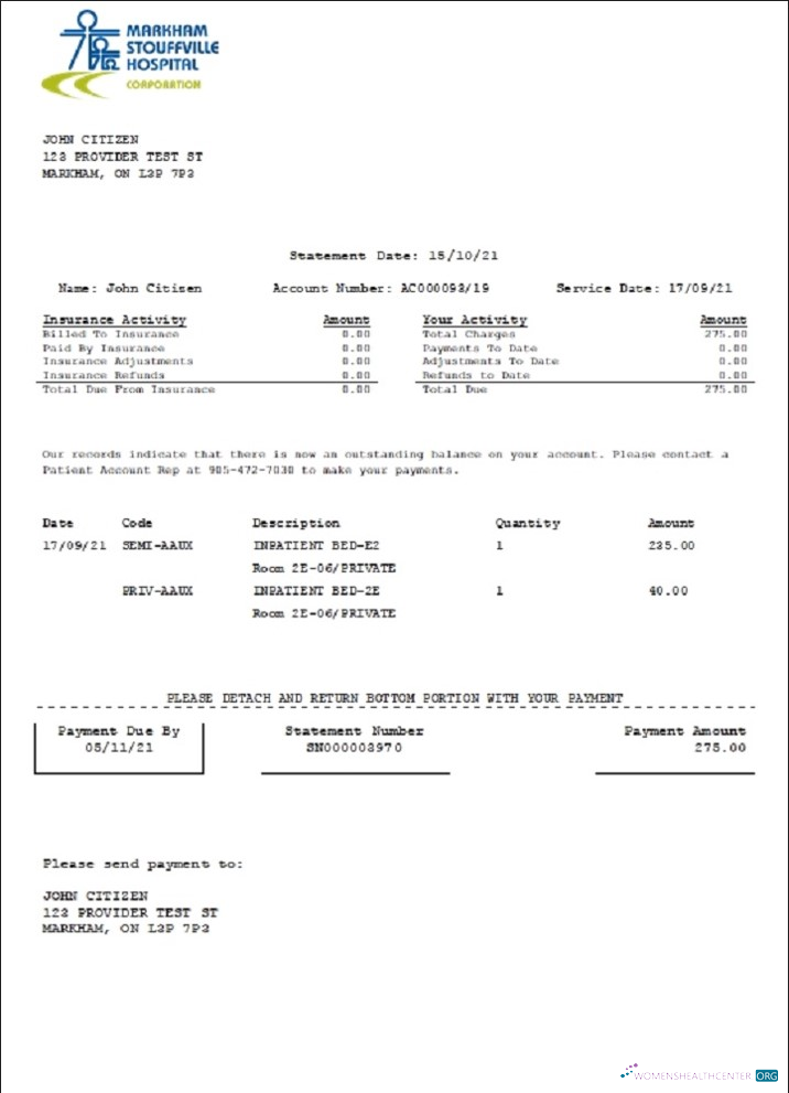 Download Canada Markham Stouffville Hospital medical insurance statement template in .doc and .pdf format Photoshop template